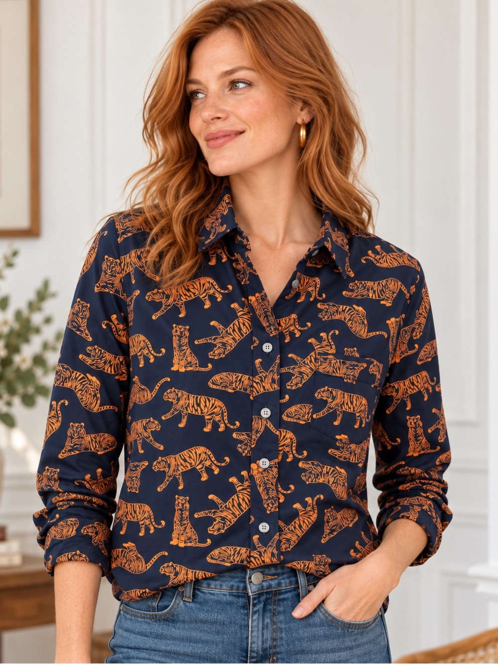 J.Crew Factory | Tiger Print Stretch Cotton Button-Up Shirt | Small